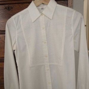 Pleated front white button-down collared shirt